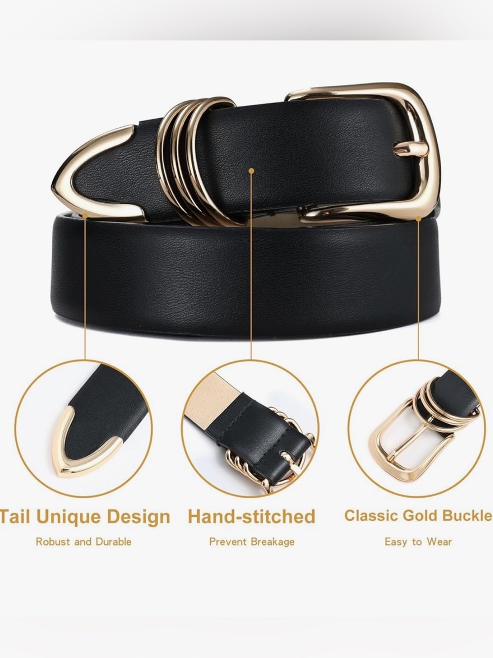 Risantry Women’s Black Faux Leather Belt Gold Buckle Size Small New